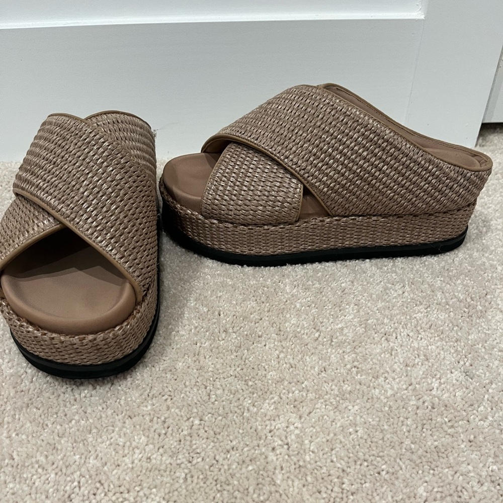 ROAM Tan Raffia cross Stack Platforms Mules